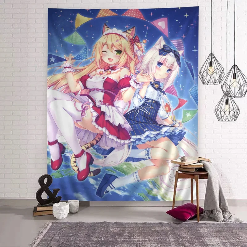 VIKAMA Nekopara Wandteppich mit Katzenmädchen-Maid-Motiv, Anime-Harem-Design, perfekt für Kawaii-Dekoration, Schlafzimmer-Wandgestaltung und Fotohintergründe