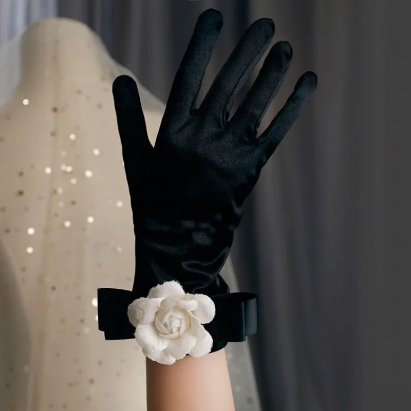 Guantes de terciopelo dorado satinado para mujer, accesorios de decoración de perlas de estilo Retro de lujo, elegantes para novia, boda, fiesta, graduación, etiqueta