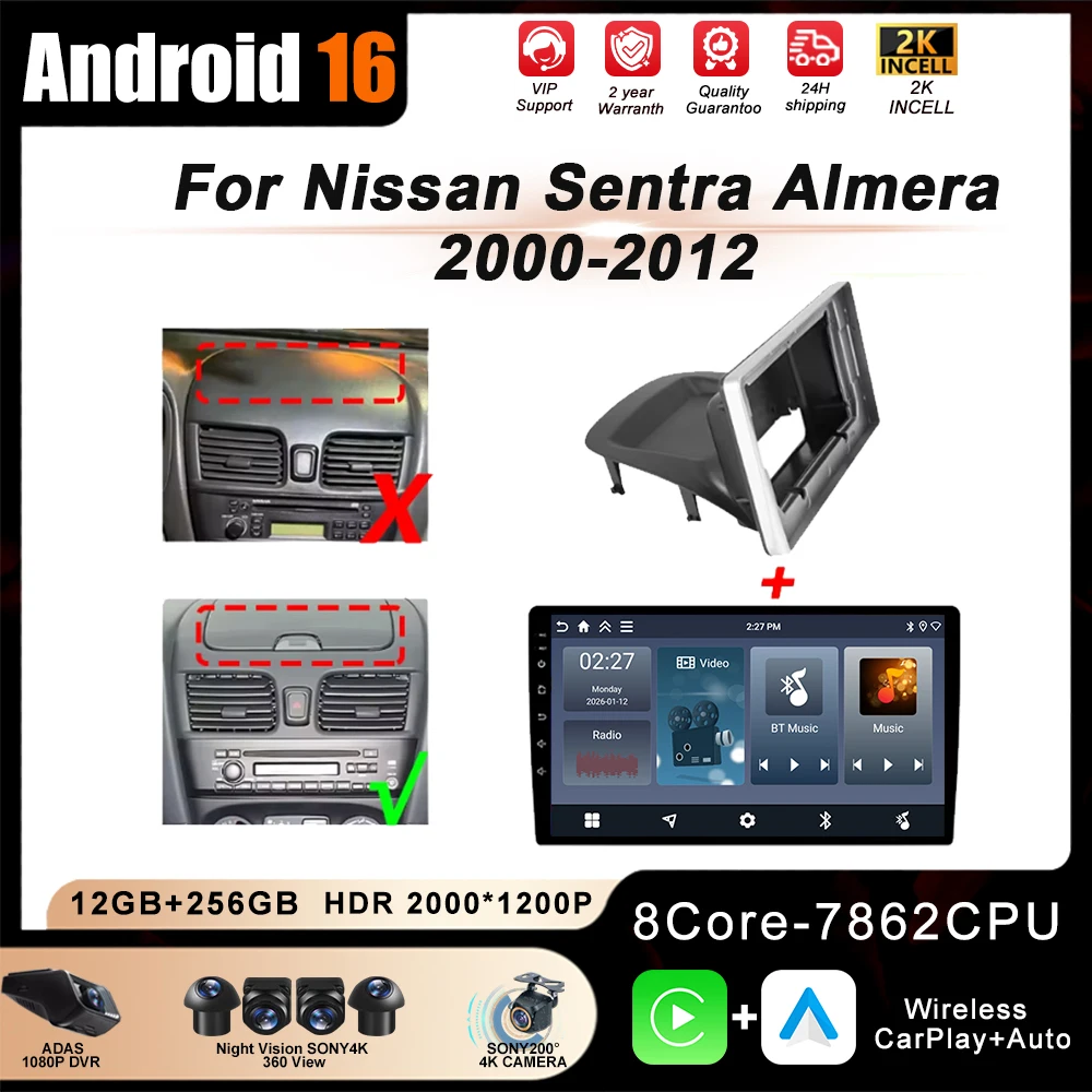 Android Auto Carplay Car Radio For Nissan Sentra Almera 2000 2001 2002 2003 2004 - 2012 Multimedia Player Navigation Wifi Stereo