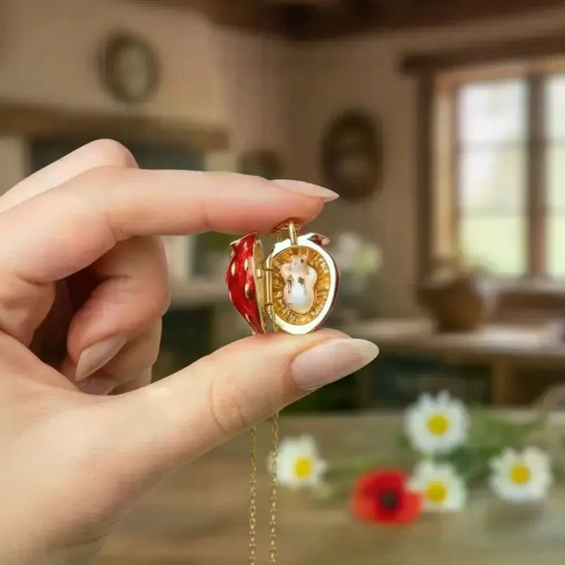 Hidden Hamster Animal Enamel Opening And Closing Locket Necklace With Gold Plated Chain Lovely Fruit Design Daily Wear Gift