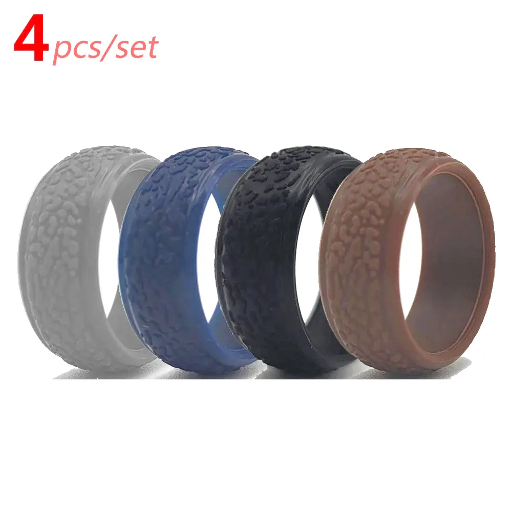 4pcs/set 9mm Exercise Sports Outdoor Running Grouper Pattern Silicone Ring Explorer Ride Working Finger Rings for Men