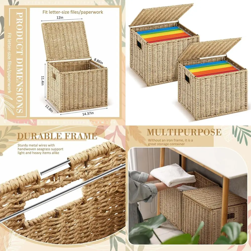 

Набор из 2 складных органайзеров для коробок из бумажной веревки, размер Letter, для шкафа, с крышкой, плетеная подвесная корзина, портативная, декоративная