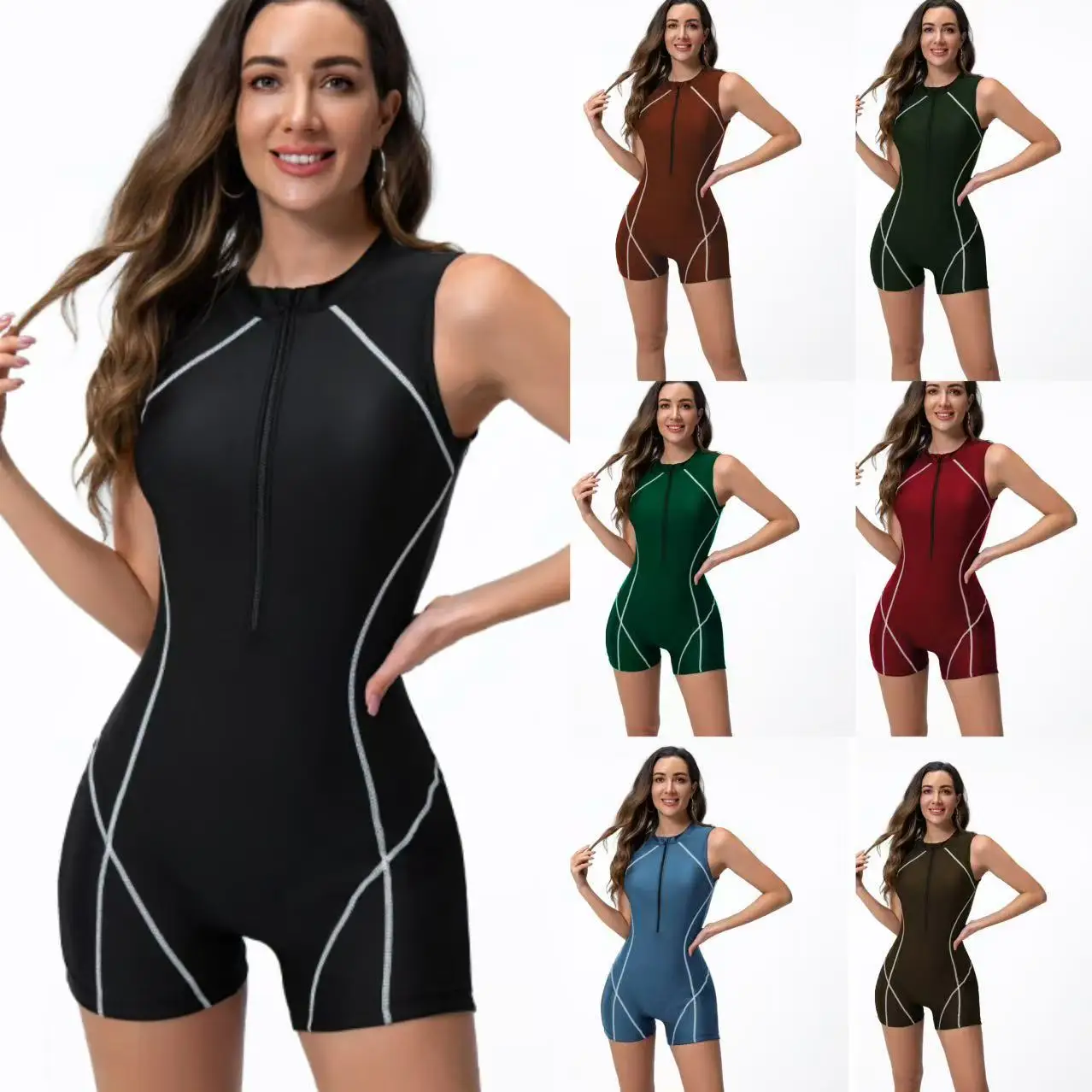 

Женский спортивный купальник без рукавов, цельный, с молнией до середины груди, для пляжа, танкини