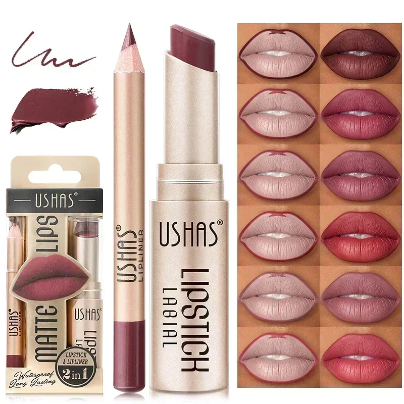 USHAS New 12 Color Lipstick Lipliner Set Matte Velvet Texture Waterproof Moisturizing Lasting No Fading Fashion 2 in 1 Lipstick