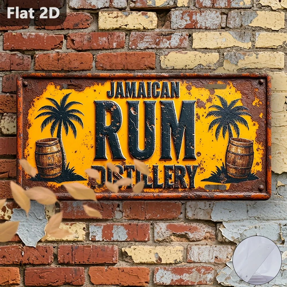2D Flat, 1pc Vintage Aluminum  Sign - Rum Distillery Wall Art with Palm Trees & Barrel Design, 30x15cm Industrial Retro Metal