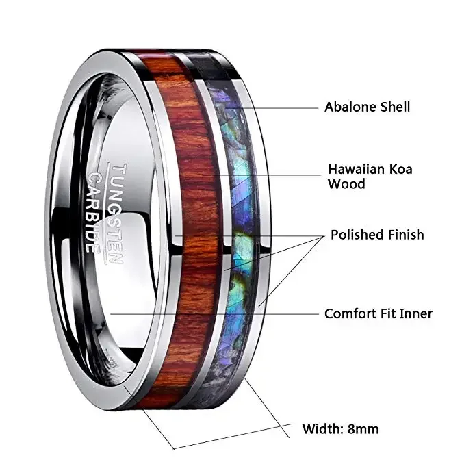 NUNCAD 8MM Wide Men's Ring Polished 100% Tungsten Carbide Ring Inlay Wood Grain Natural Shell Flat Edge Comfort Fit Size 7-12