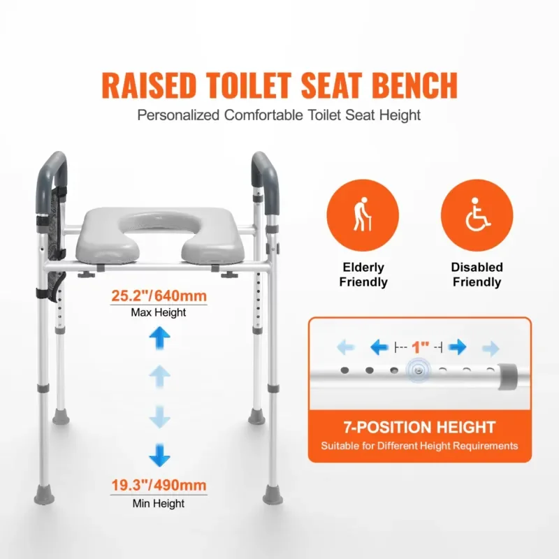 Raised Toilet Seat 7 Position Height Adjustable 19.3 to 25.2 Inch 350lbs Capacity Comfort Padded Aluminum Frame for Elderly