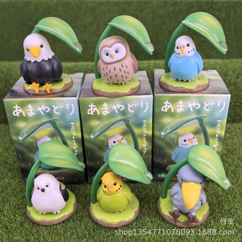 Amayadori Regenschutz-Vogelversteck-Box, niedliche Eulen- und Papageienfiguren, 6 Stile, komplettes Set, PVC-Tierfiguren, Desktop-Ornament, Spielzeug, Geschenke