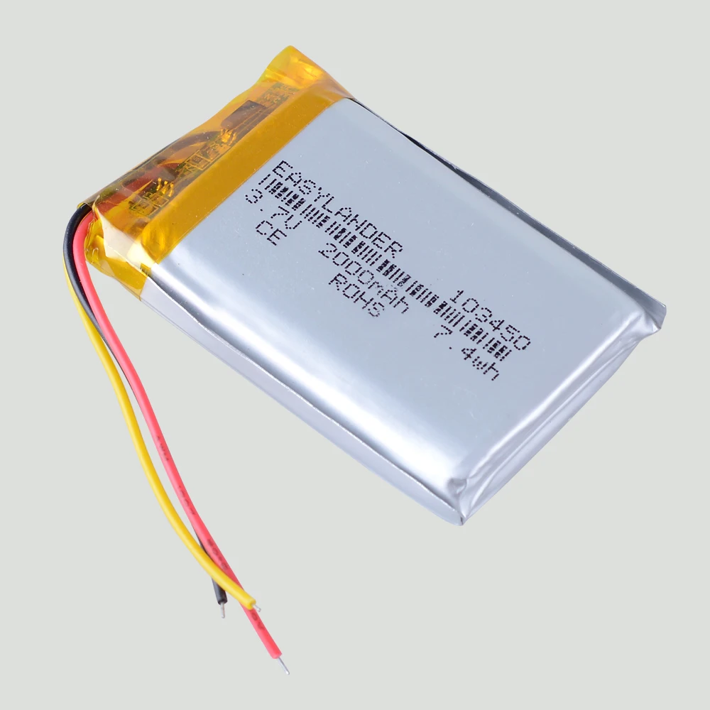 3-przewodowy 103450   Akumulator litowo-polimerowy 3,7 V 2000 mAh do kamery Nawigator GPS MP5 Zestaw słuchawkowy do gier Bluetooth