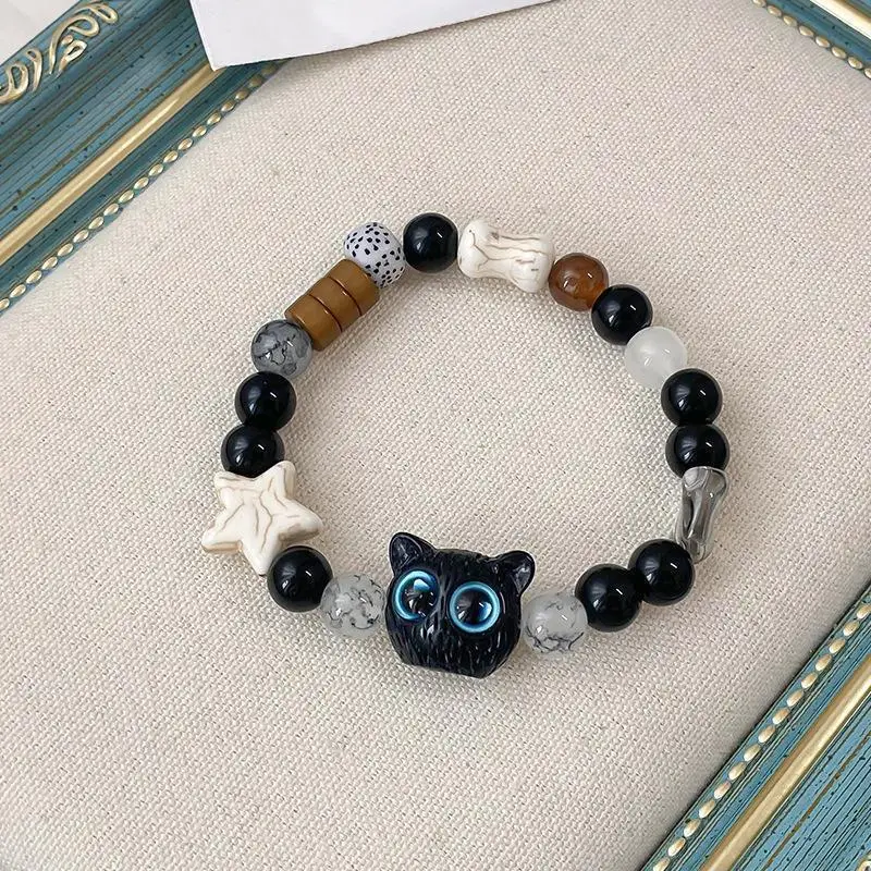 Cute Blue Yellow Eyes Black Cat Beaded Woven Bracelet for Men Women Kitten Bone Star Charm Bracelet DIY Trendy Accessories Gifts