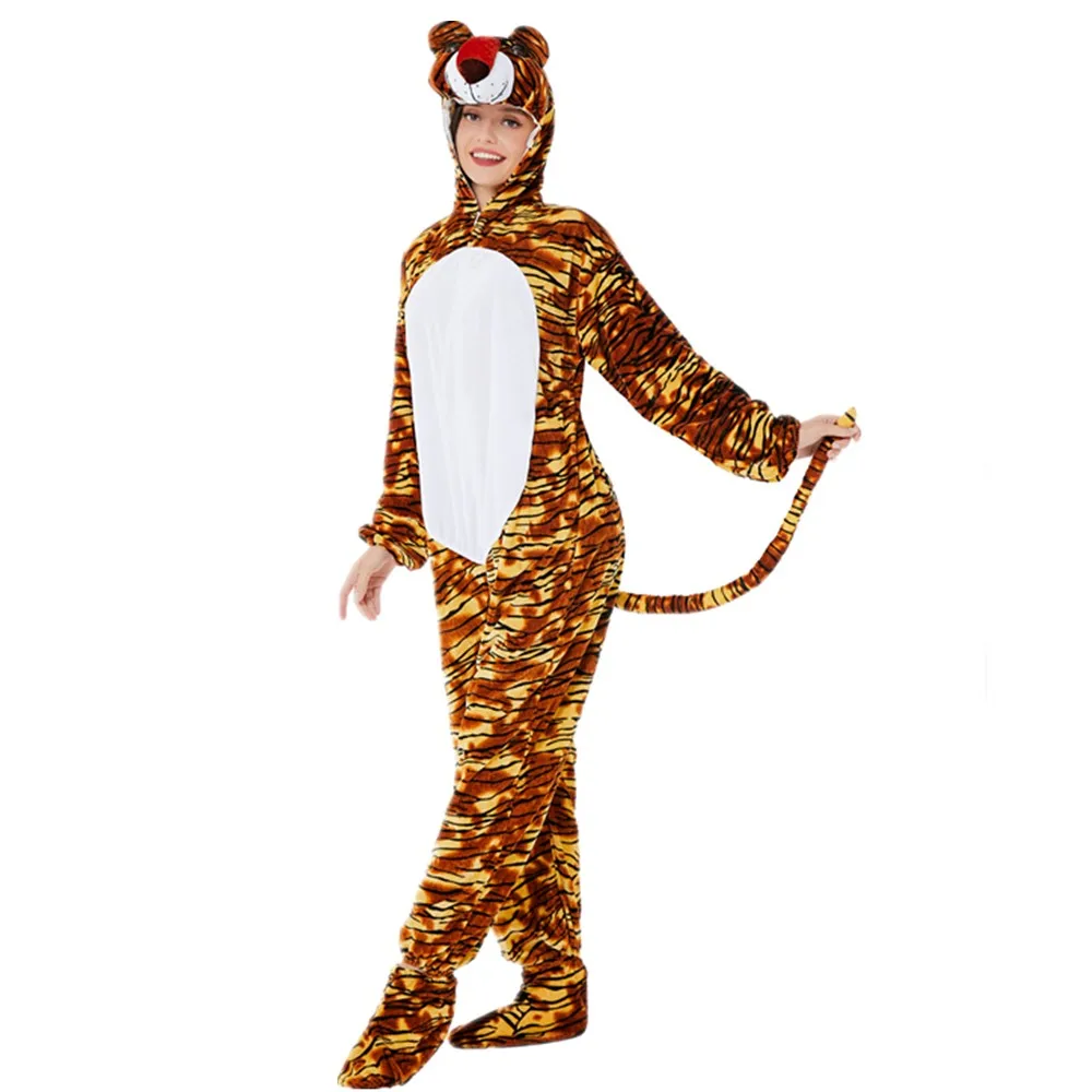 Neues Tier erwachsenes Tier pelziges Kostüm Cosplay Tiger verkleiden ausgefallene Overall Outfits Halloween Pyjamas Party Rollenspiel für Frauen