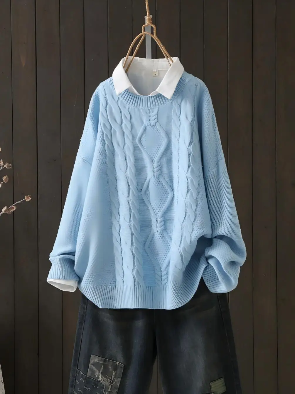 Damen Übergröße Rundhals Langarm Pullover Lässiger Herbst Frühling Strickpullover – Detail 1