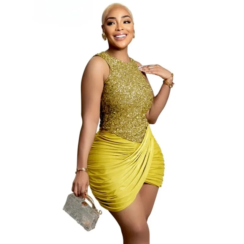 

New Fashion Yellow Sequins Patchwork Irregular Ruched Bodycon Birthday Club Dresses for Women Sleeveless O-neck Evening Vestidos