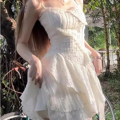 한국 우아한 순색 스트랩 Y2k 미니 원피스 여성 민소매 불규칙 파티 베스티도, 원피스 짧은 원피스, 여름 패션