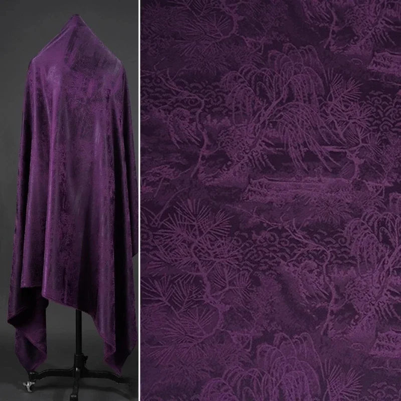 

Dark Purple Landscape Tree Jacquard Satin Fabric Retro Elegant Cheongsam Dress Silky Cloth Women Summer Fashion