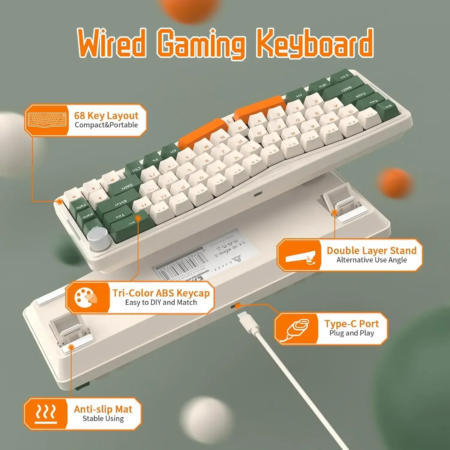 Layout 68 Keys Wired Mechanical Keyboard VIA-Programmable, Hot-Swappable Tactile Switch for PC/MAC