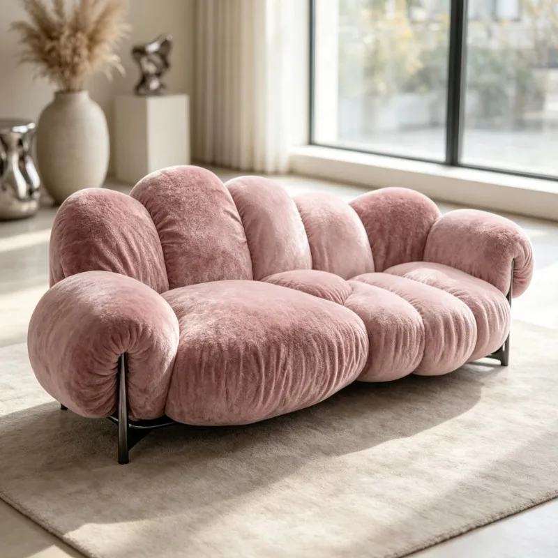 Soft and fluffy plush fabric sofa, bubble-shaped upholstered sofa with metal legs, suitable for modern villa apartment living