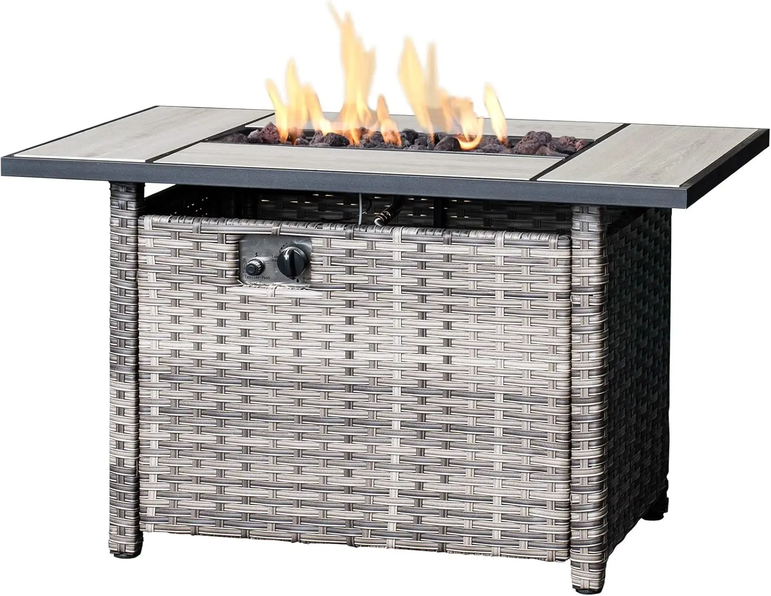 

42 Inch Outdoor Gas Fire Pit Table, 50,000 BTU Steel Fire Pit with Lid and Volcanic Rock Wicker Rattan Patio Coffee Table