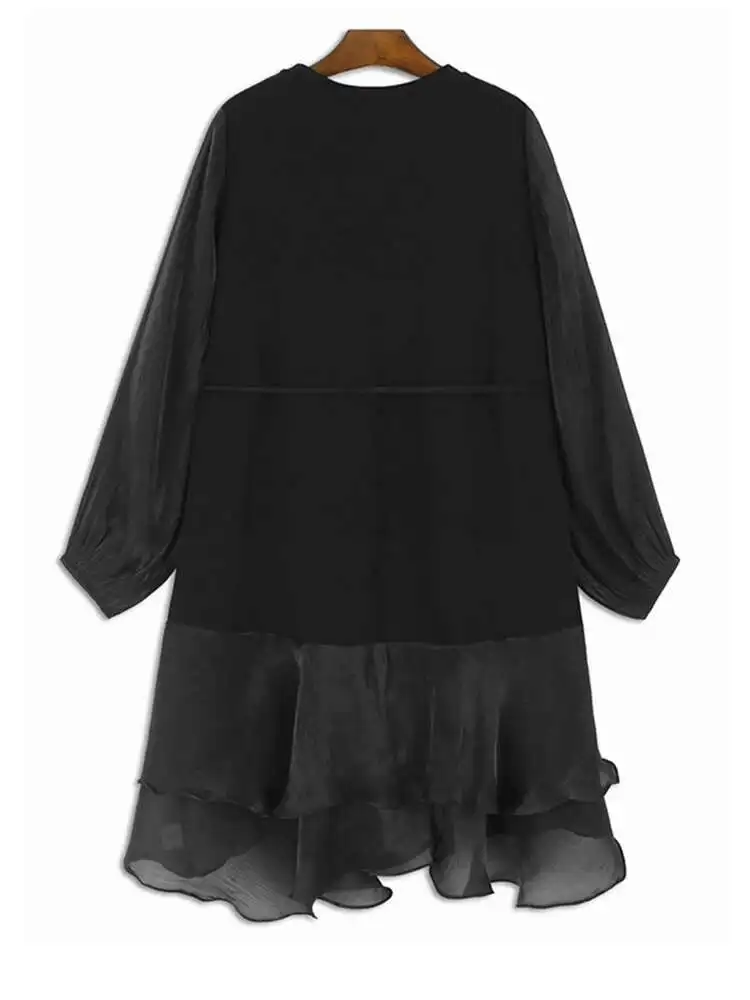 ZMEENNA Vestido feminino preto e branco com babados em camadas, manga comprida, gola redonda, mini com cinto, casual solto, linha A ZM3263