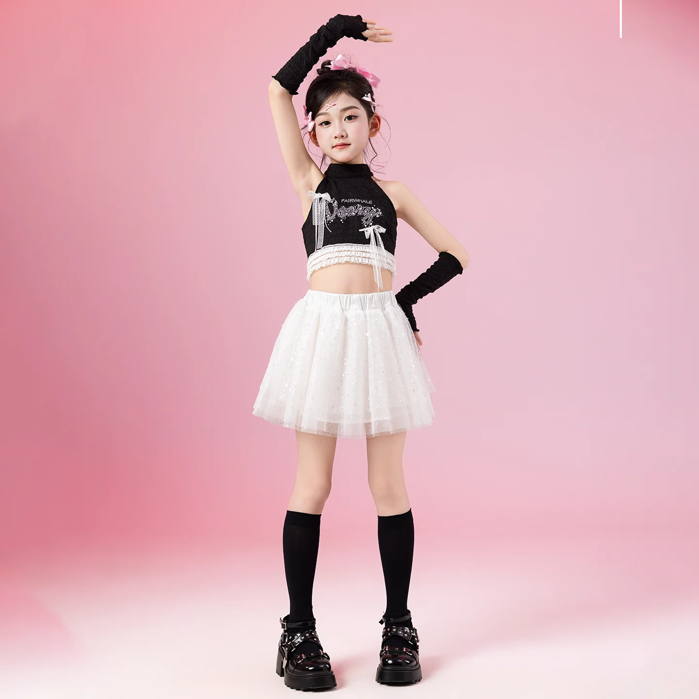 2025 sommer Jazz Dance Kleidung Mädchen Schwarz Tops Pailletten Weiß Rock Cheerleader Tanz Kostüm Kpop Straße Tragen Bühne Outfit BL16073