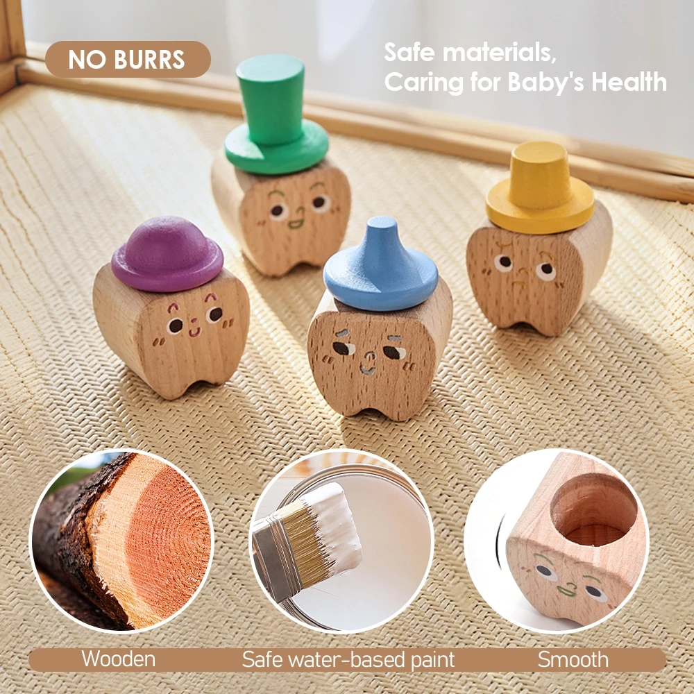 4pc Set Baby Tooth Wooden Box Infant Milk Teeth Organizer Storage Cartoon Tooth Souvenir Box Baby Boys Girls Souvenirs Gifts