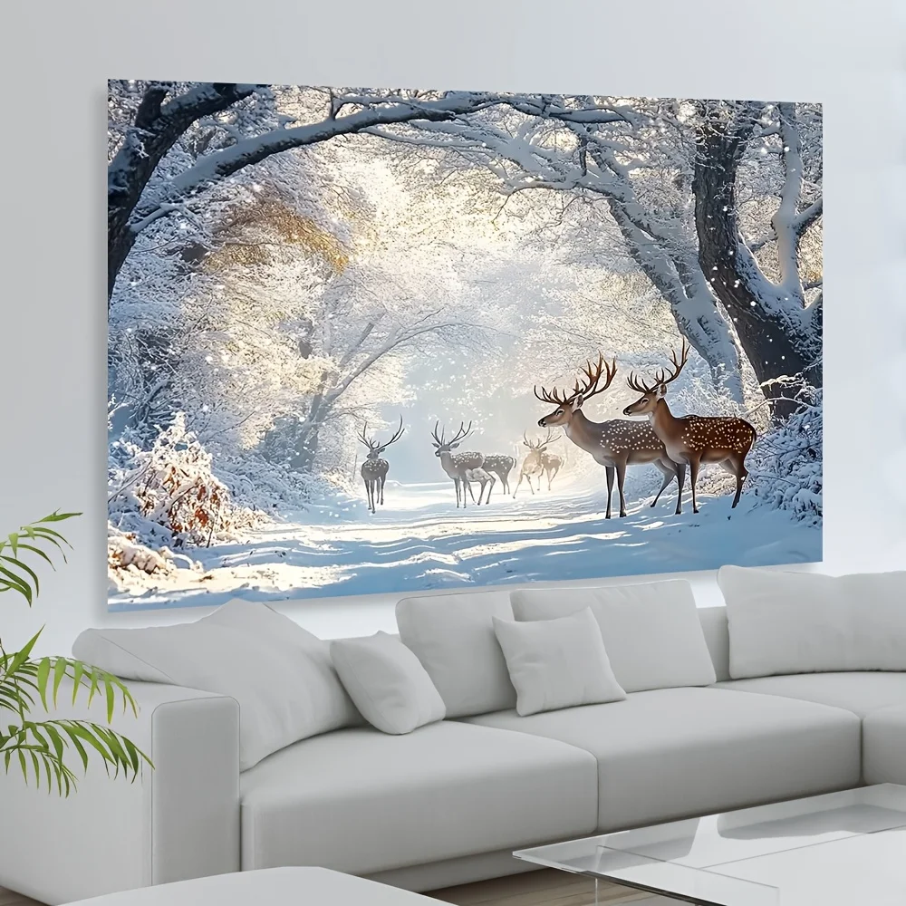 Large Winter Wonderland Reindeer Wall Tapestry - Snowy Forest Deer Scene with Stag & Fawns, Lightweight Polyester Fabric Horizon