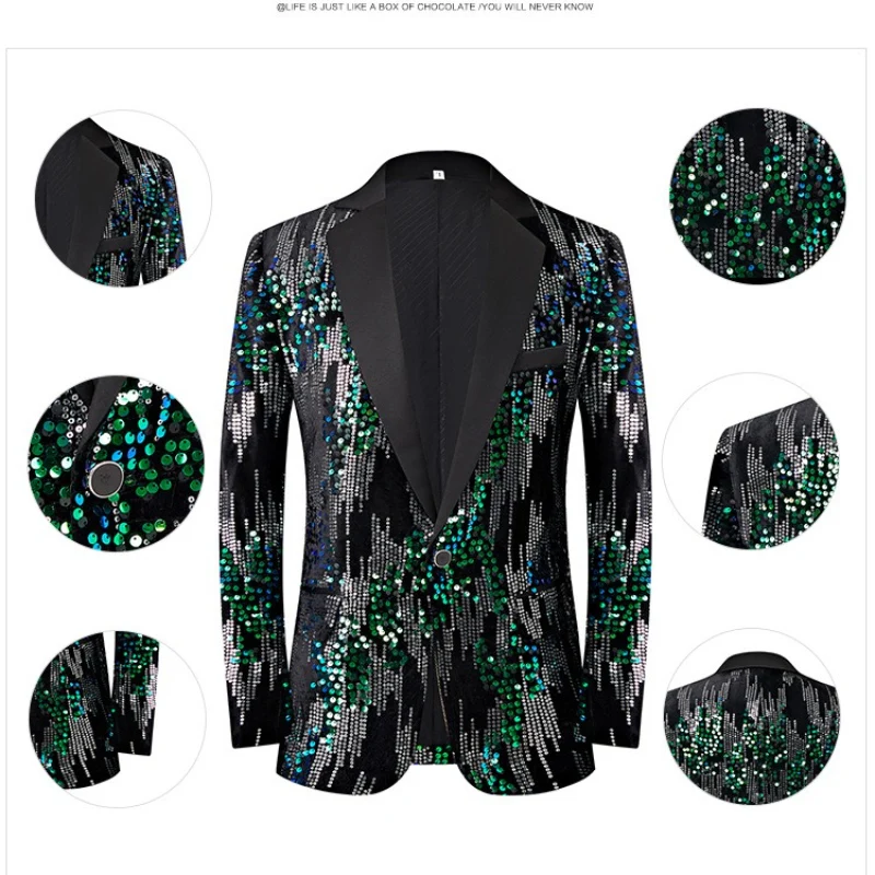 

2025 Flat Velvet Black Background Silver Green Sequins Blazers for Men, Prom Singer Anchor Stage Performance Men's Dress Jacket