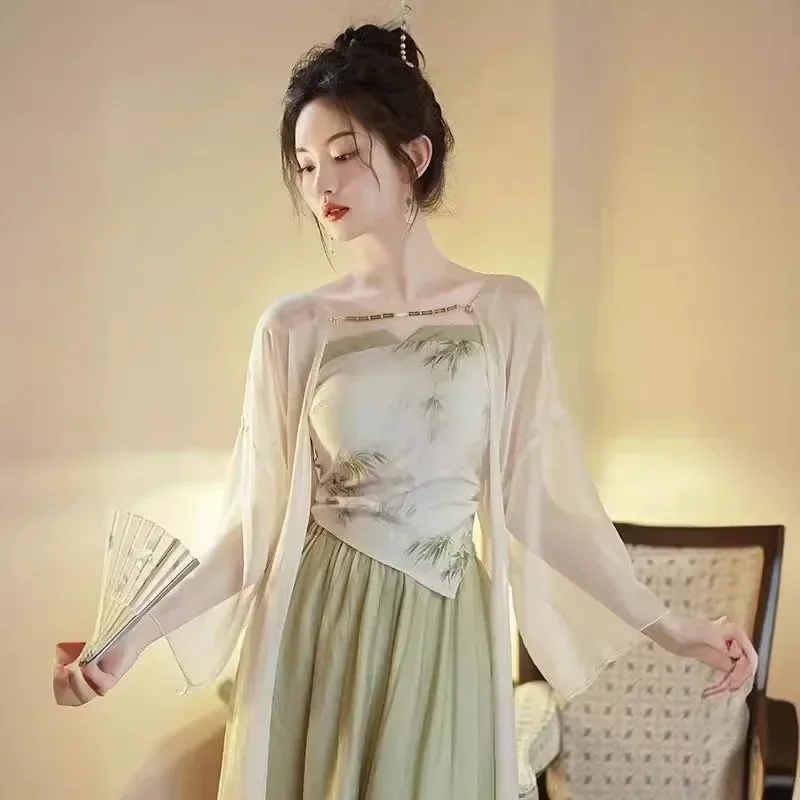 2023 Summer New Chinese Style Hanfu Tensil Strapless Blouse Half Skirt Three-piece Suit Fresh Colorful Printed Hanfu