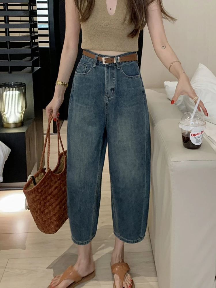 Jeans Harem da donna larghi da ufficio comodi vintage alla caviglia denim blu Harajuku Ulzzang per il tempo libero streetwear a vita alta