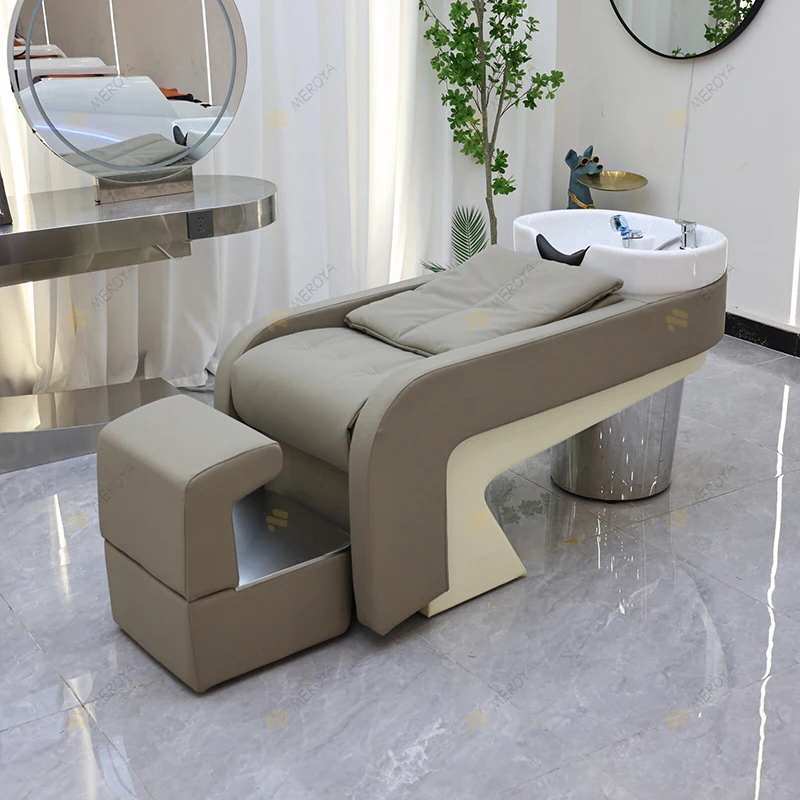 Beauty Salon Furniture Lay Down Washing Chair Bed Luxury Modern Barbershop Head Spa Shampoo Bed with Footrest and Lights