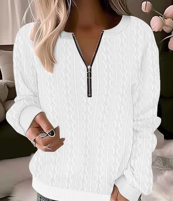 

Hot Selling for Women 2024 Spring Autumn Pullover Fashion Round Nevk Solid Color Casual Texture Zipper Hoodie Top Tee T-Shirt