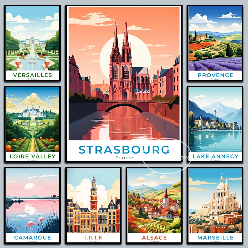 Grenoble Strasbourg Marseille Paris Skyline Nice Travel Canvas Painting Prints Modern Bedroom Coffee Bar Wall Art Gift France