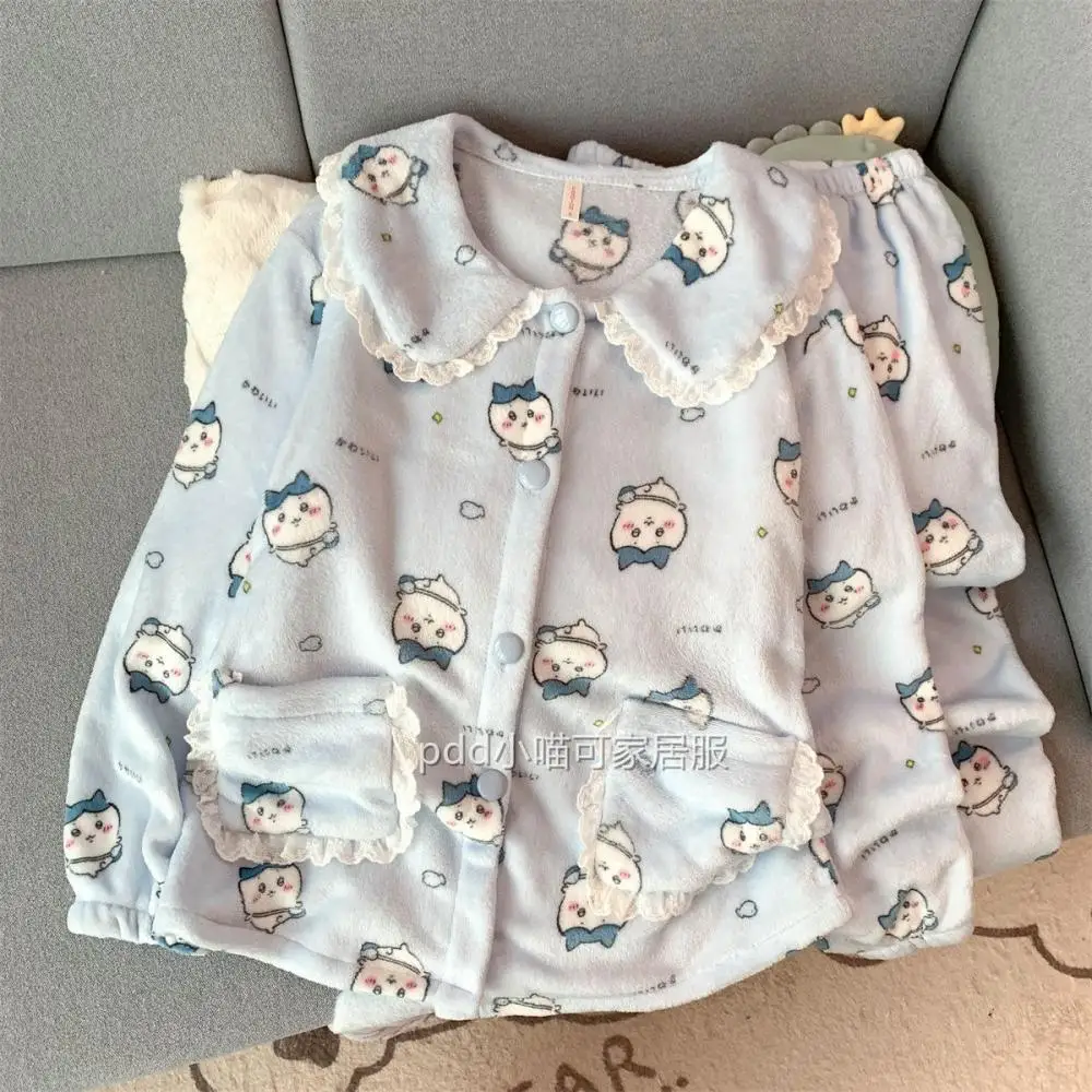 

2Pcs Chiikawa Plush Pajamas Set Cartoon Hachiware Girls Thickened Home Clothes Cute Women Winter Kawaii Flannel Warm Nightwear