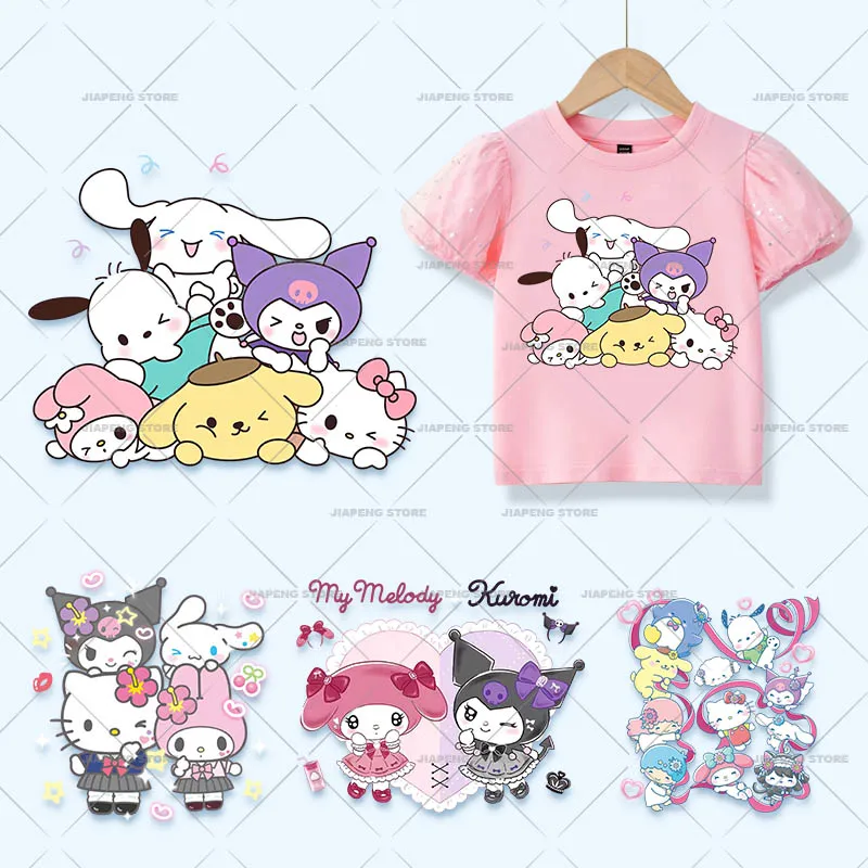 Hello Kitty Printed Stickers For Clothes Iron on Heat Transfers Cartoon Cute Sanrio Family Thermal on Baby Clothing Applique DIY