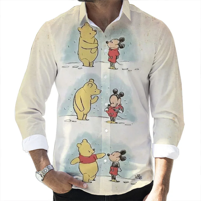 Disney-Camiseta de manga larga con estampado 3D para hombre, camisa de manga larga con solapa, ajustada, de marca de dibujos animados, el pato