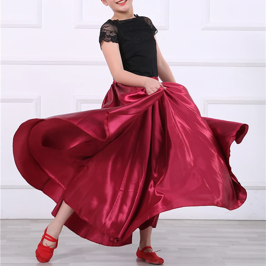 Ropa de danza del vientre 360D Maxi faldas para adultos mujeres niños niñas falda de Flamenco español Sexy vestido Oriental de satén liso