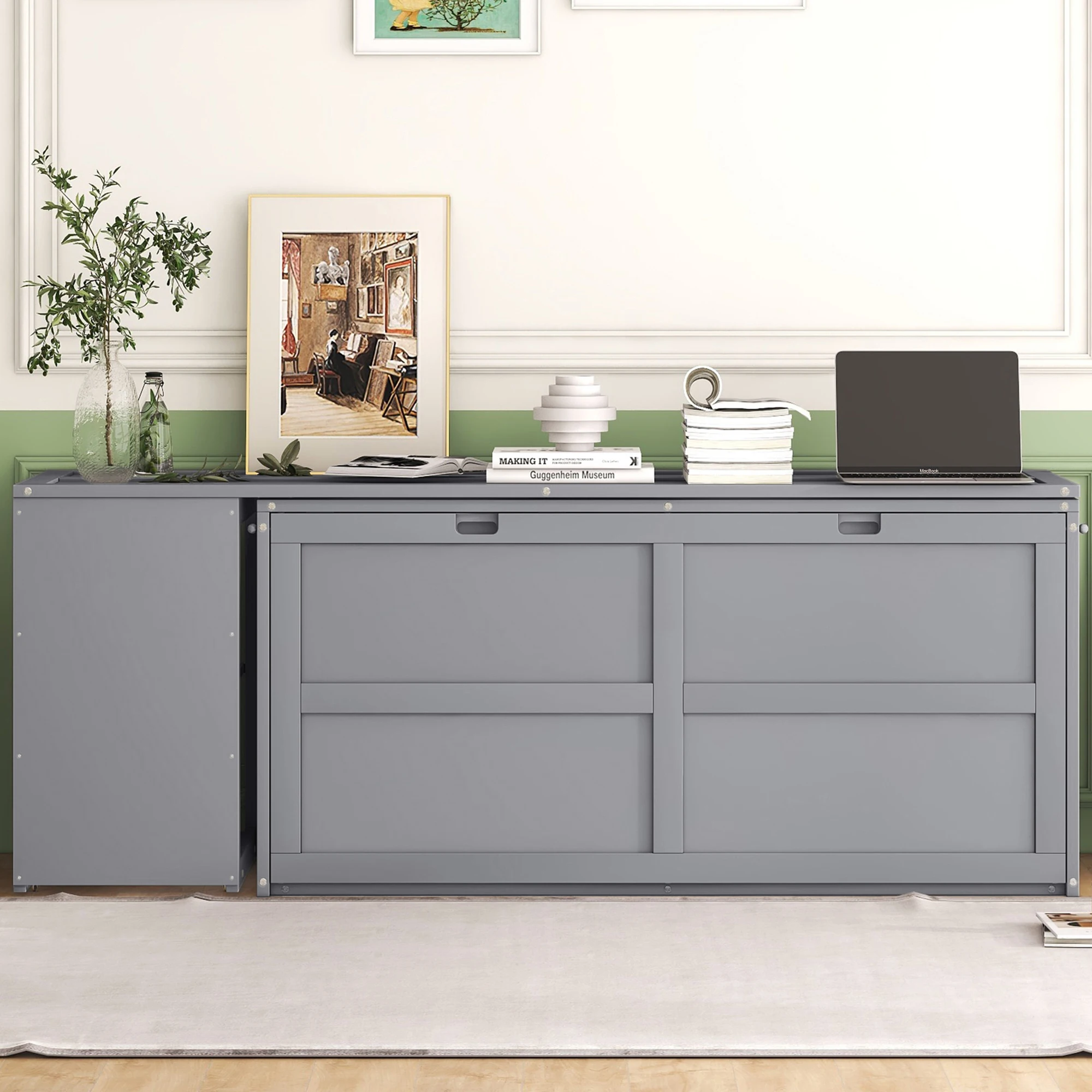 

Queen Size Murphy Bed with Rotating Desk, Gray Finish - Multifunctional Space Saver 120x80.50x31.70 in.