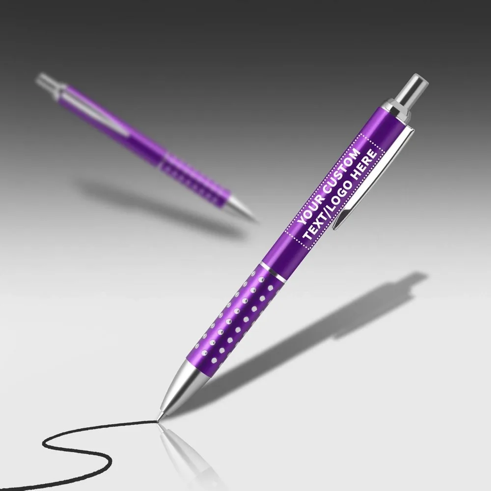 أقلام أرجوانية قابلة للسحب مع لهجات حجر الراين - 50 عبوة، وخيارات نص وشعار مخصصة، وأقلام بلاستيكية للمحترفين #6