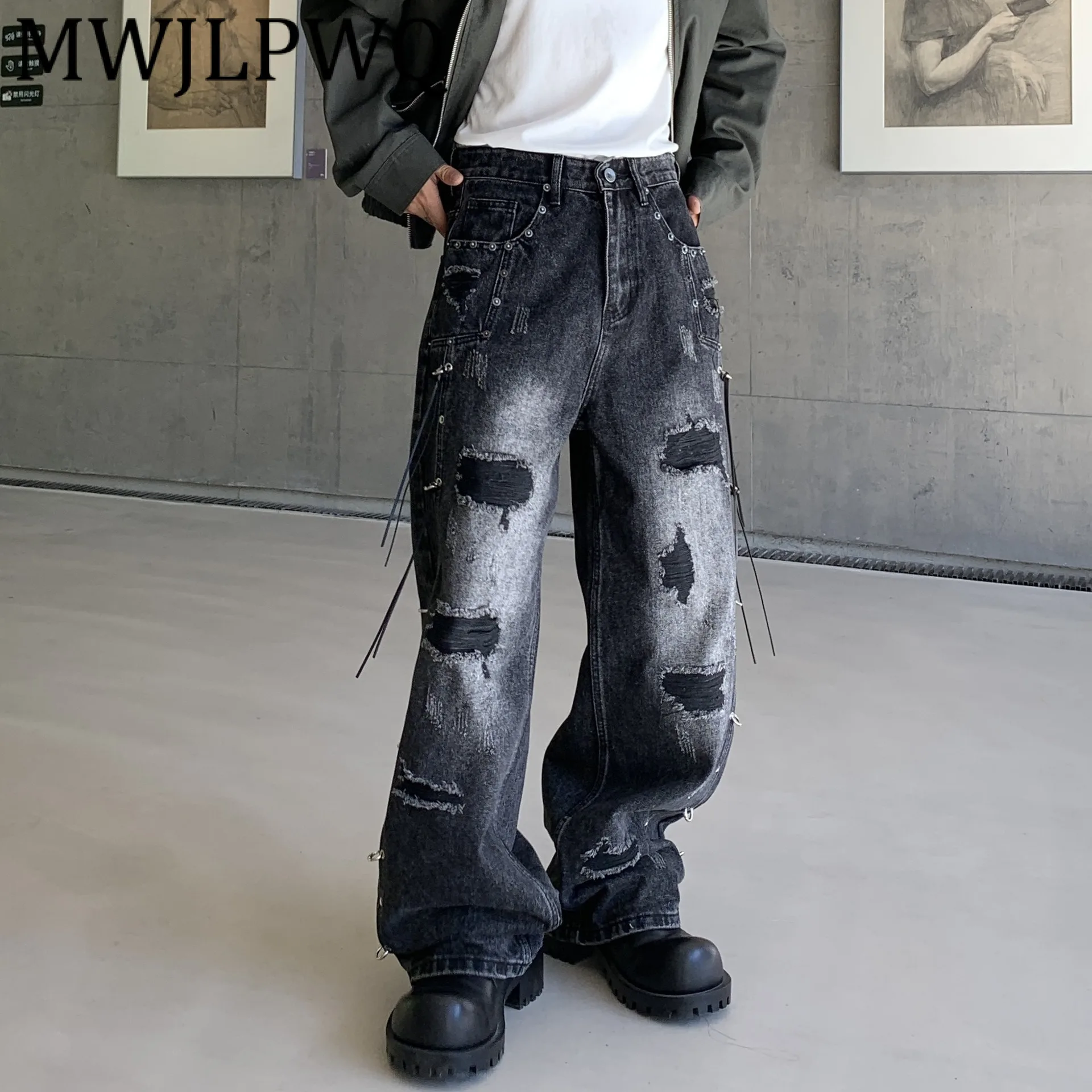 

MWJLPWQ 2025, осенне-зимние новые джинсы с несколькими отверстиями, мужские потертые модные широкие прямые брюки в американском стиле High Street 12161