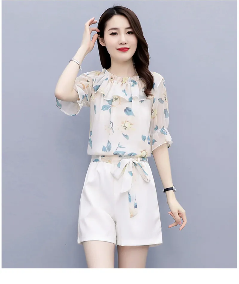 

Summer Women's Chiffon Shirt Shorts Set One Shoulder Short Sleeve Slimming Belly Cover Wide Leg Pants Two Piece Set