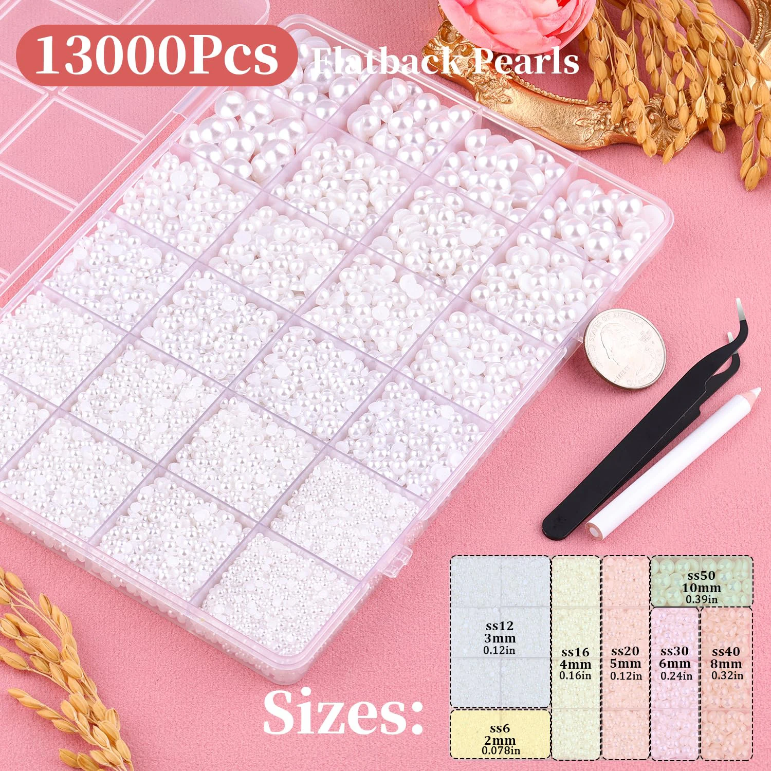 13000Pcs Flatback Pearls for Crafting White Beige, Assorted Size 2/3/4/5/6/8/10mm Half Nail Art Pearl with Pick Pen Tweezer
