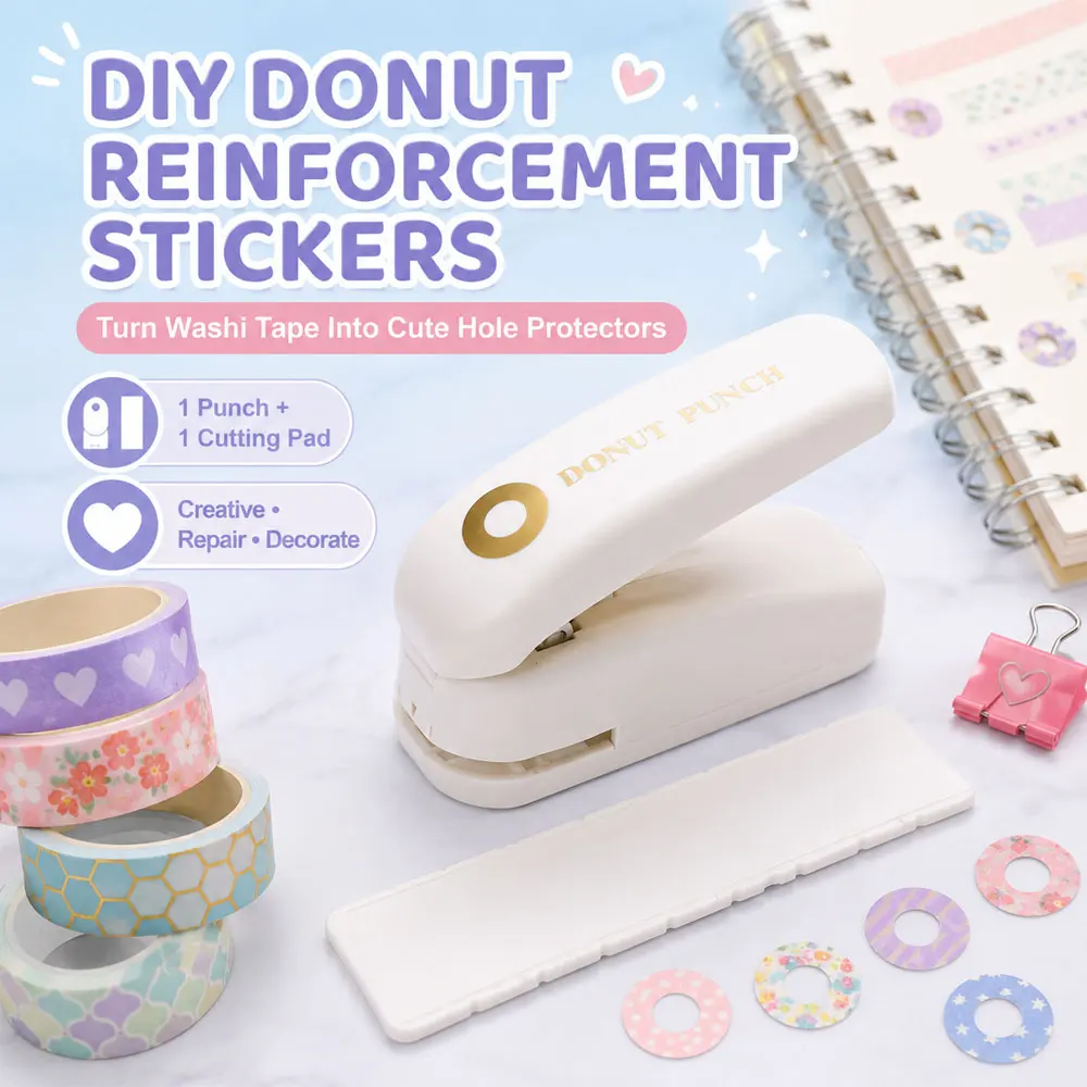 Donut Reinforcement Sticker Punch with Cutting Pad, ABS Hole Protector Maker for Loose-Leaf Paper Repair and Tear Prevention