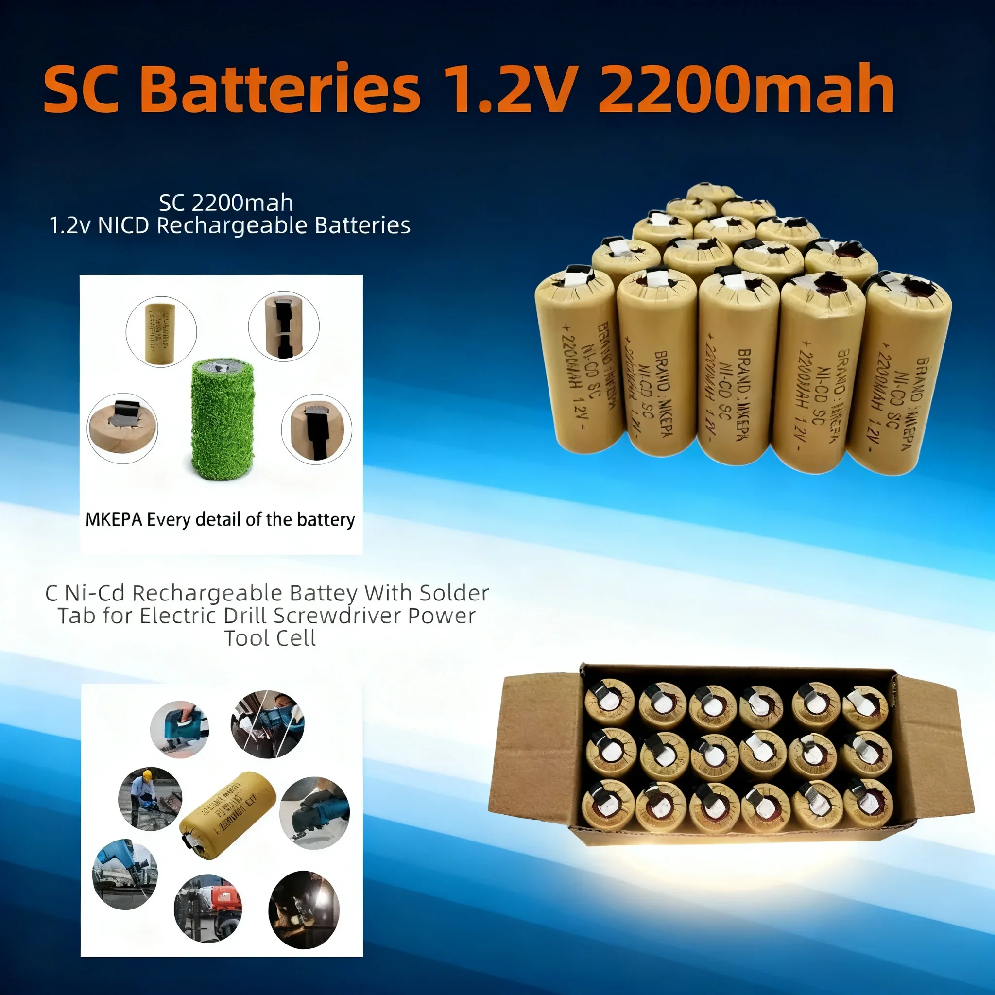 

Аккумулятор NiCd SUB-C 2200 мАч 1.2В с выводами для электрических отверток, дрелей и электроинструментов