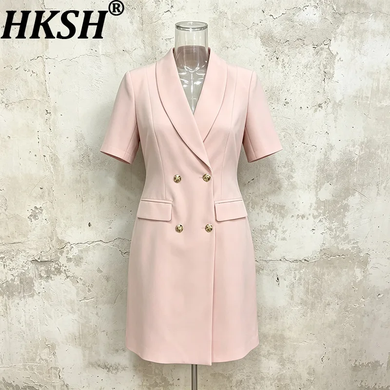 HKSH Women Suit Dress Simple Stylish High-end Double Breasted Elegant Solid Color Chic Niche Short Sleeve A-Line Dresses HK27968