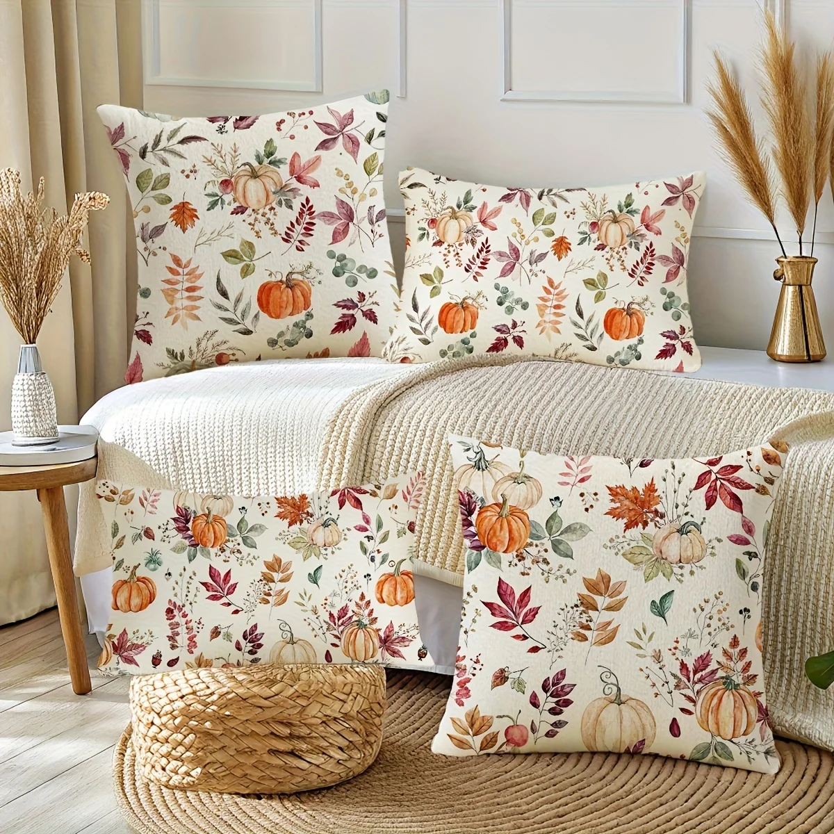 2D FLAT-2pcs Watercolor Fall Pumpkin Botanical Lumbar Pillow Covers Pillowcase sofa cushion cover family bedroom room decoration