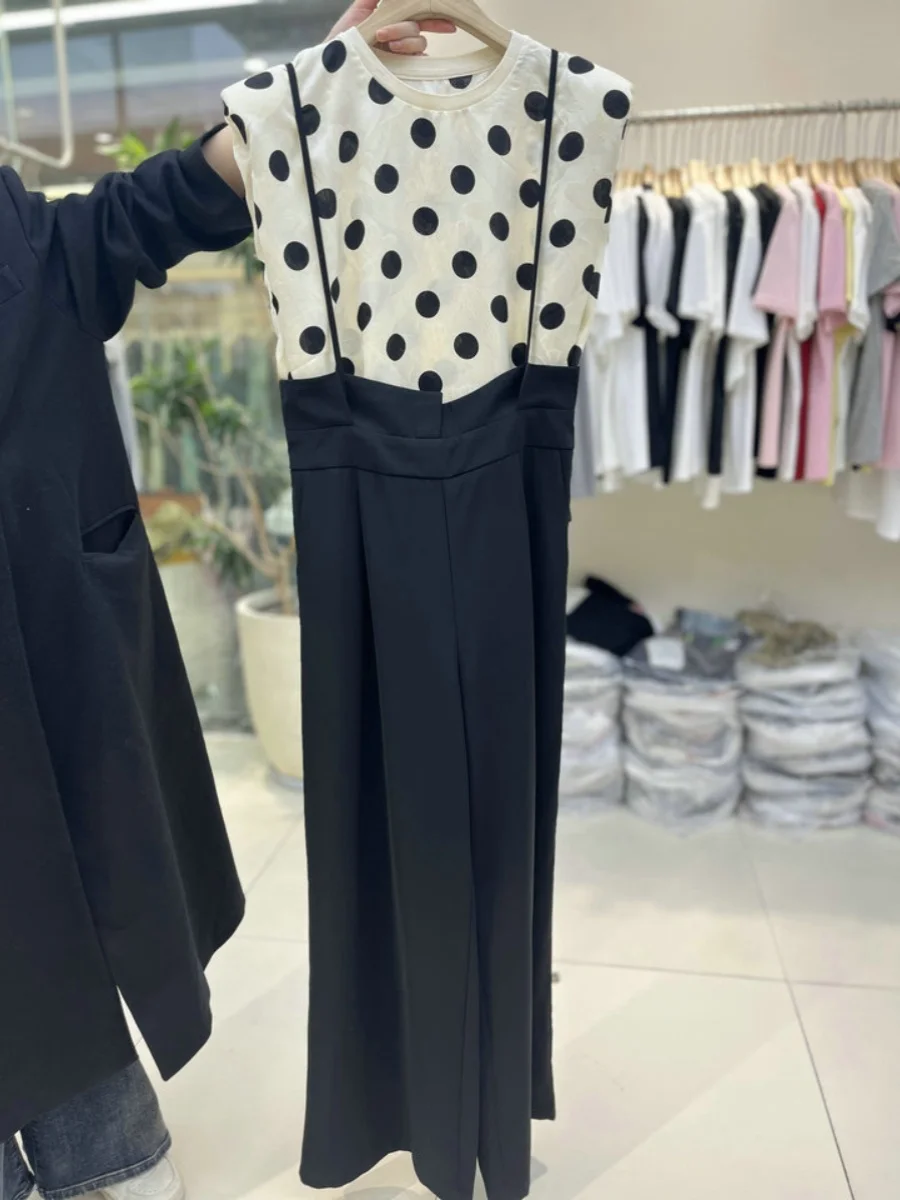 

Elegant Ladylike Polka Dot Sleeveless Shirt Top Women's Straight Leg Pants Casual Commute Style Summer Collection 2024