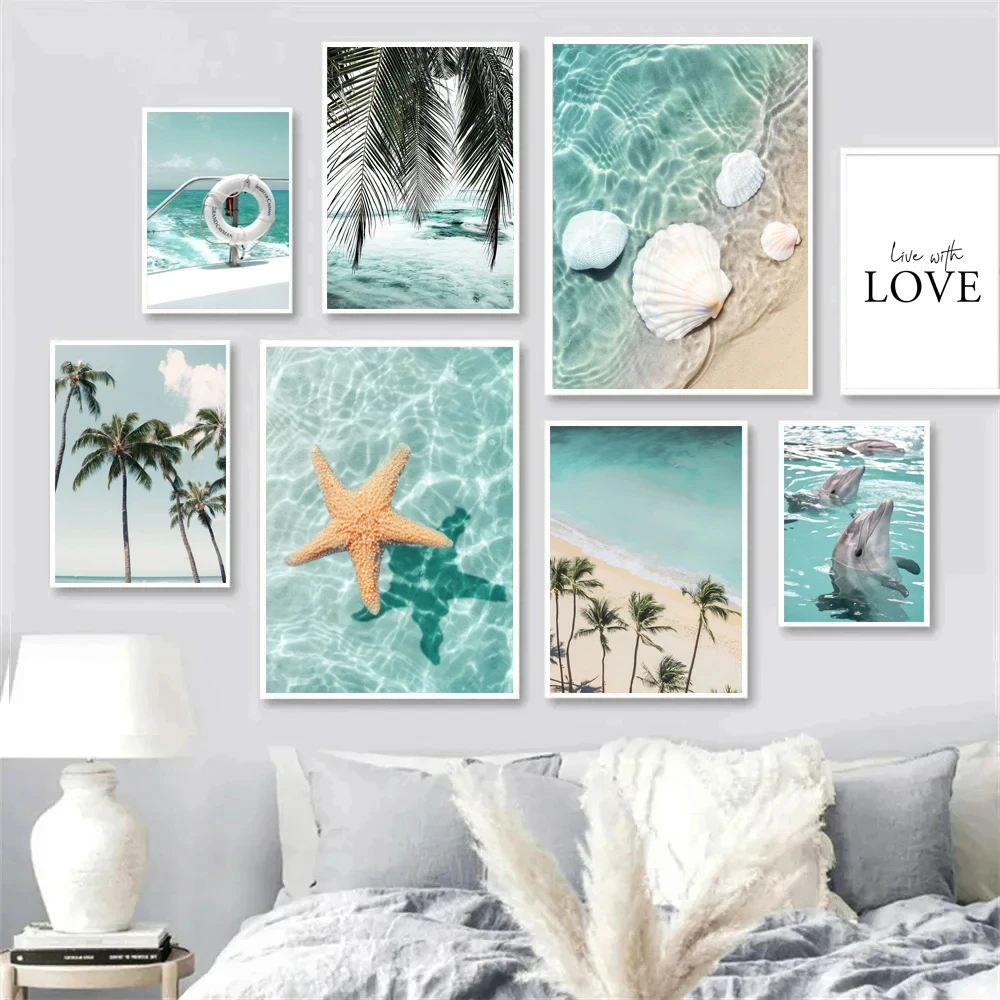 

Sea Beach Posters Wall Art Canvas Painting Whale Starfish Coconut Shell Summer Seaside Scenery Pictures Nordic Room Home Decor