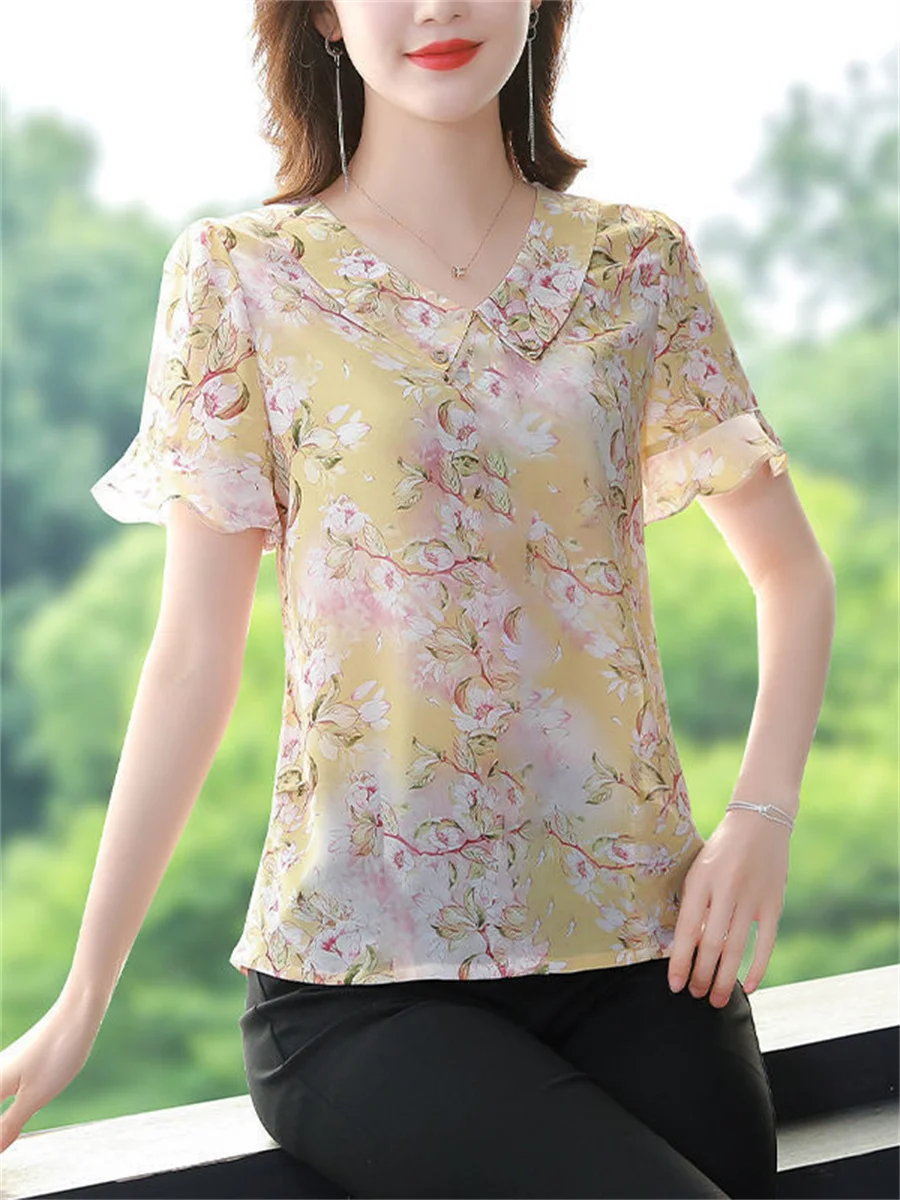 4XL Women Spring Summer Blouses Shirts Lady Fashion Casual Short Sleeve Turn-down Collar Flower Printing Blusas Tops G2133