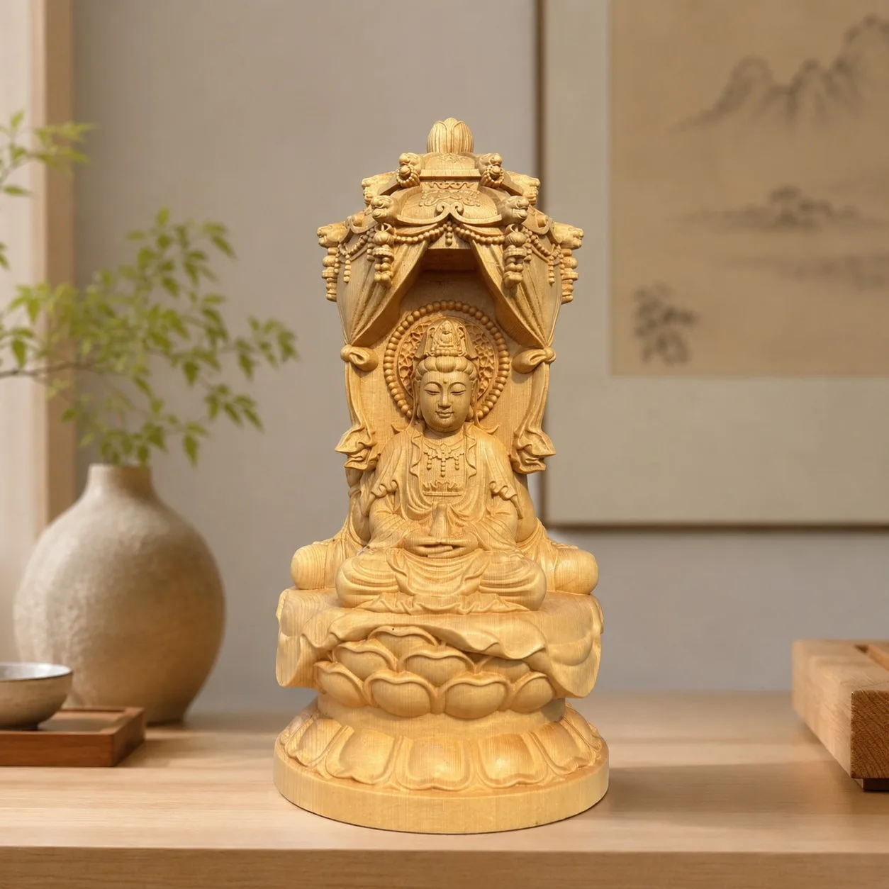Hand Carved Hinoki Wood Western Three Saints Statue for Traditional Chinese Buddhist Home Shrine Altar Decor Gift Set
