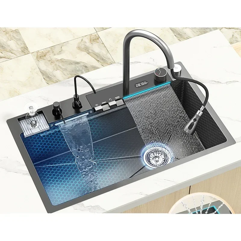 Kitchen Sink 80 cm Stainless Steel Waterfall Sink Large Single Slot Embossed Wash Basin With Waterfall Faucet For Kitchen